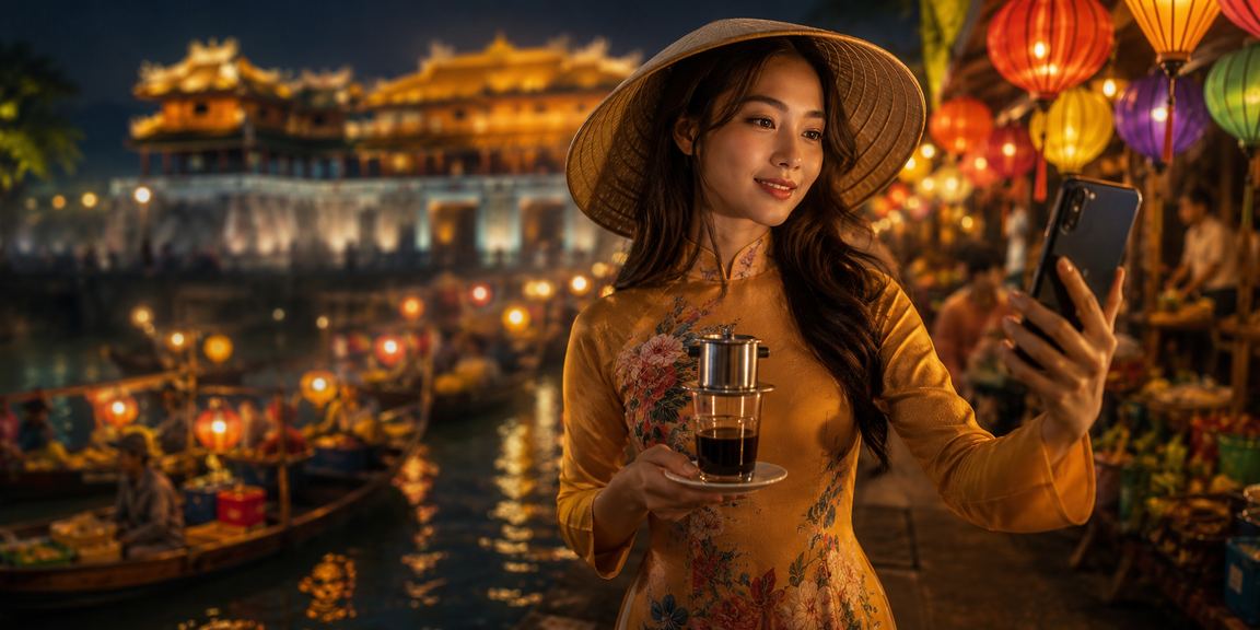 Người dùng Huế nhâm nhi cà phê và kiểm tra ưu đãi nạp tiền xstn trên điện thoại