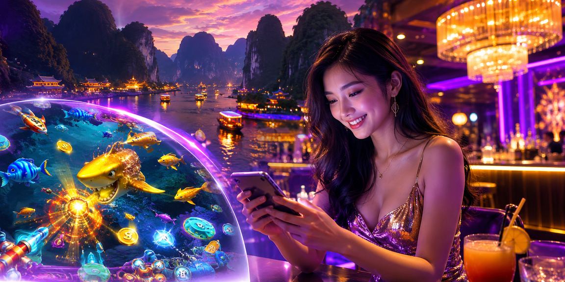 Quán net tại Ninh Bình với màn hình neon hiển thị game bắn cá trực tuyến rực rỡ